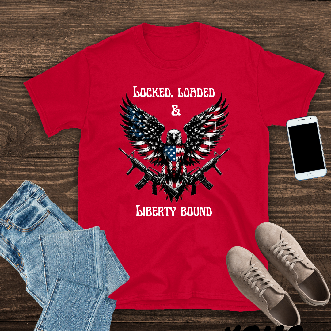 Patriotic Tee Shirt - Locked Loaded and Liberty Bound Design