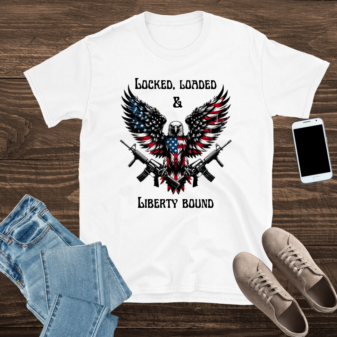 Patriotic Tee Shirt - Locked Loaded and Liberty Bound Design