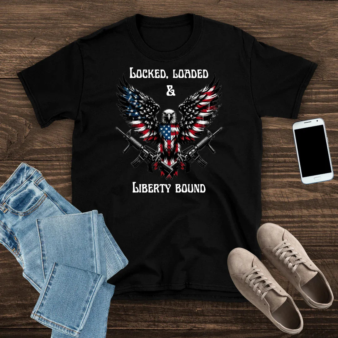 Patriotic Tee Shirt - Locked Loaded and Liberty Bound Design