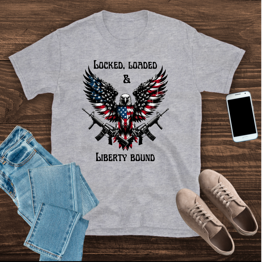 Patriotic Tee Shirt - Locked Loaded and Liberty Bound Design